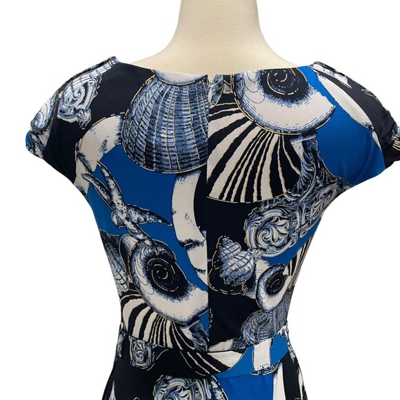 Cache Blue/Black Seashell Dress M Cap Sleeve Belted Elegant Stylish Summer Chic - Picture 12 of 12
